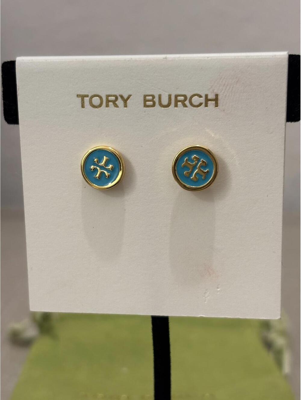 Tory Burch Gold and Turquoise Logo Stud Earrings